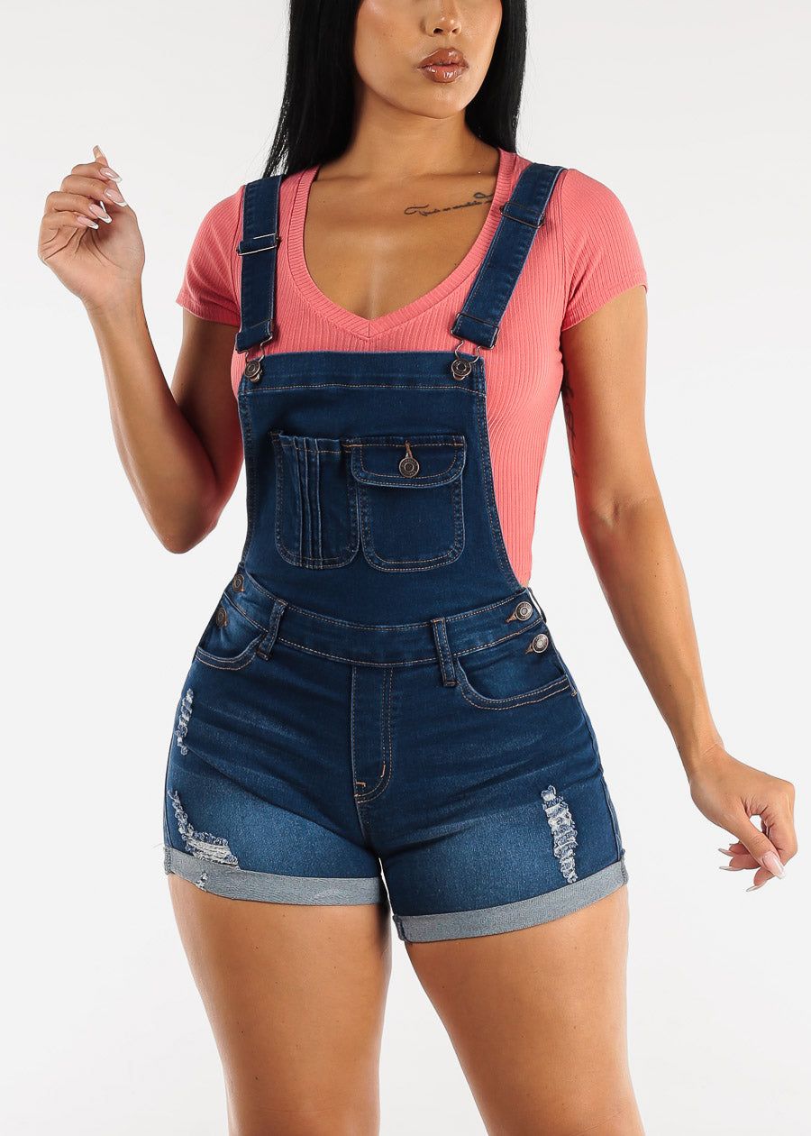 Distressed Med Blue Cuffed Denim Short Overalls sold by Moda