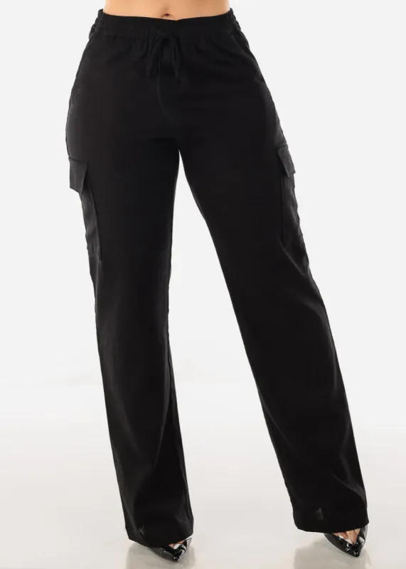 Black Linen High Waist Straight Leg Cargo Pants sold by Moda