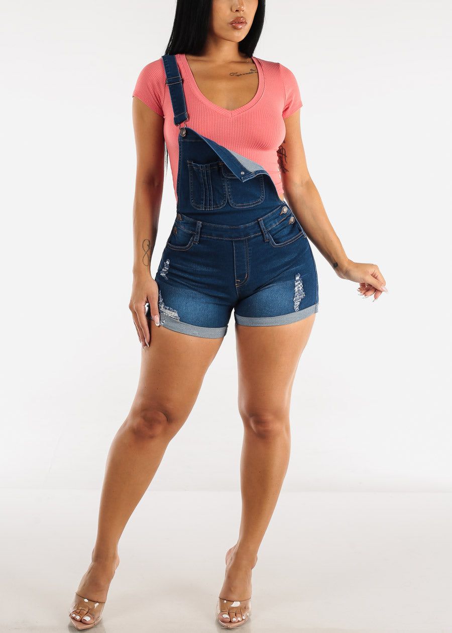 Distressed Med Blue Cuffed Denim Short Overalls sold by Moda product image thumbnail 2