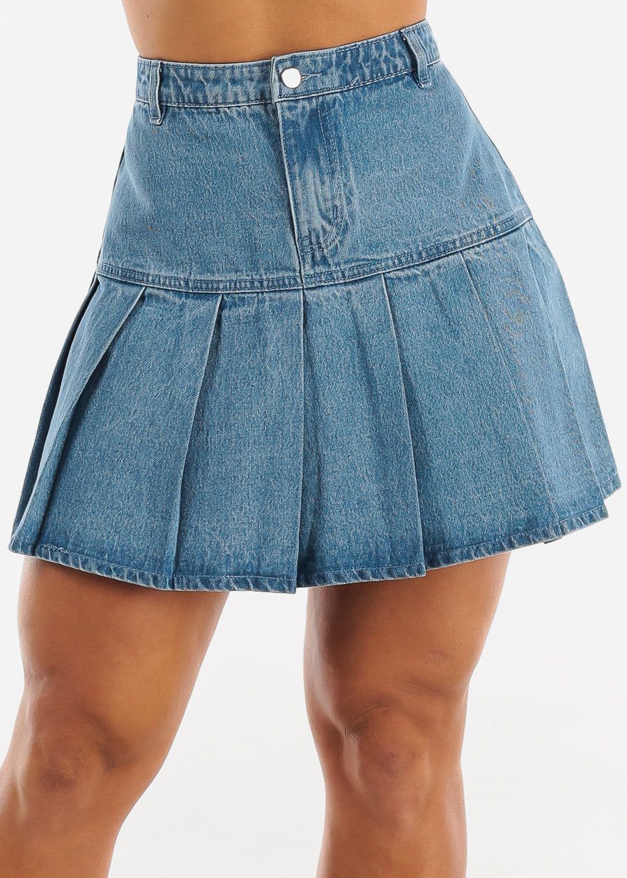 A-Line Pleated Denim Mini Skirt Med Blue sold by Moda
