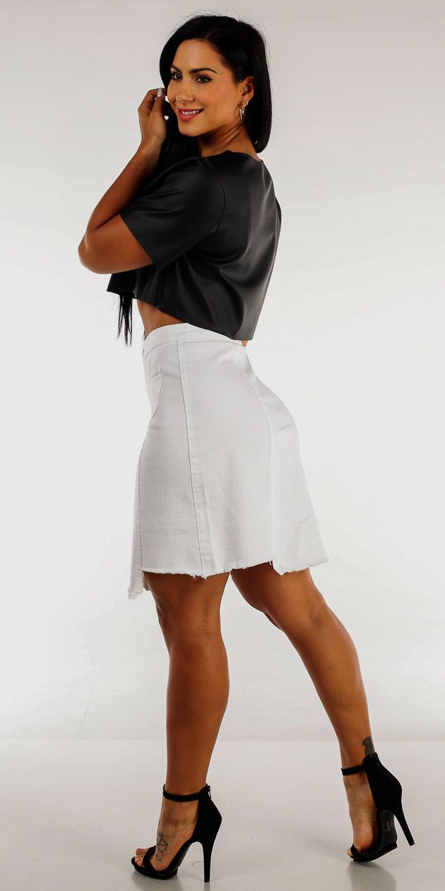 White Button Up Denim Skirt with Short Sleeve Black Pleather Crop Top sold by Moda product image thumbnail 2