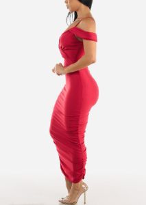 Red Surplice Ruched Bodycon Midi Dress w Draped Shoulders sold by Moda