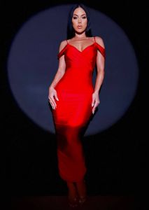 Red Surplice Ruched Bodycon Midi Dress w Draped Shoulders sold by Moda