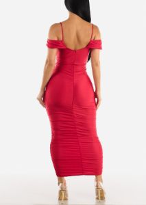 Red Surplice Ruched Bodycon Midi Dress w Draped Shoulders sold by Moda