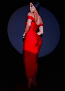 Red Surplice Ruched Bodycon Midi Dress w Draped Shoulders sold by Moda