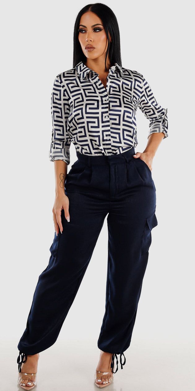 Navy High Rise Silky Cargo Pants with Navy Long Sleeve Printed Button Down Satin Blouse sold by Moda