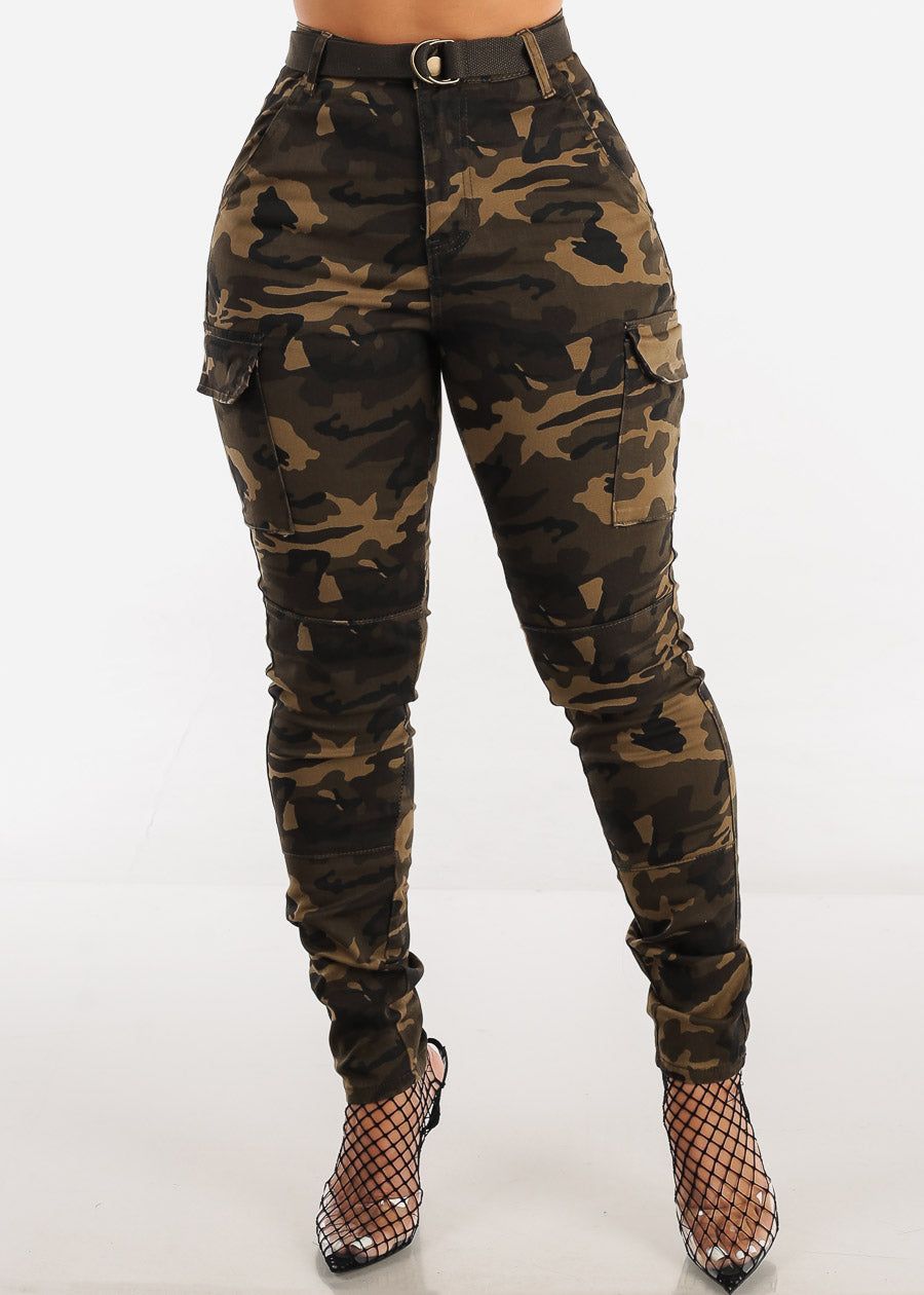 High Waist Camouflage Cargo Skinny Pants w Belt sold by Moda