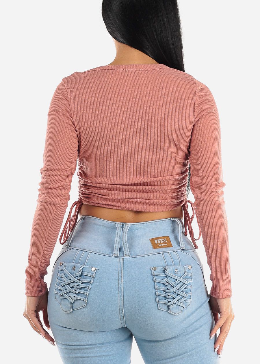 Long Sleeve Ruched Sides Button Up Crop Top Rose sold by Moda product image thumbnail 4