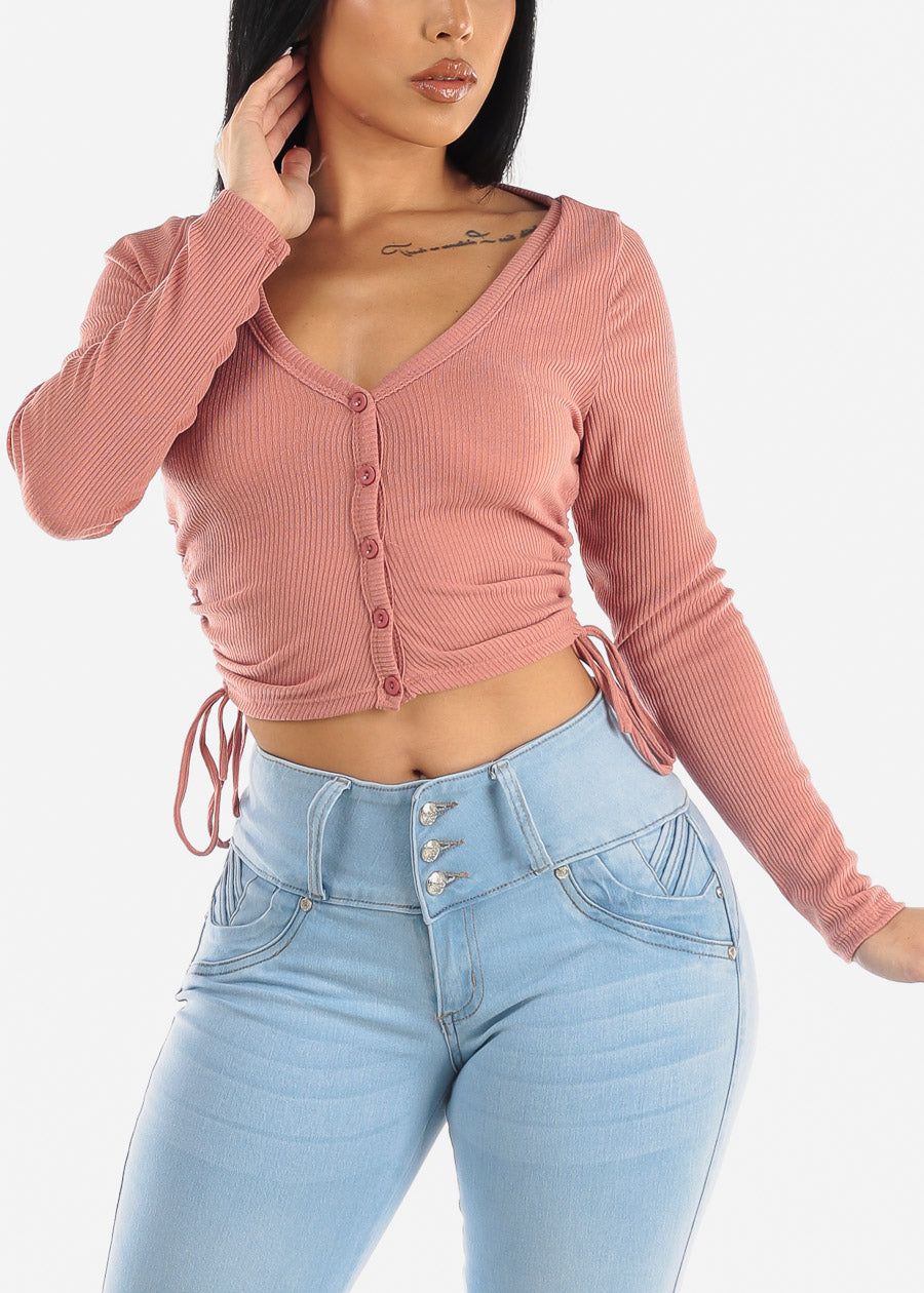 Long Sleeve Ruched Sides Button Up Crop Top Rose sold by Moda