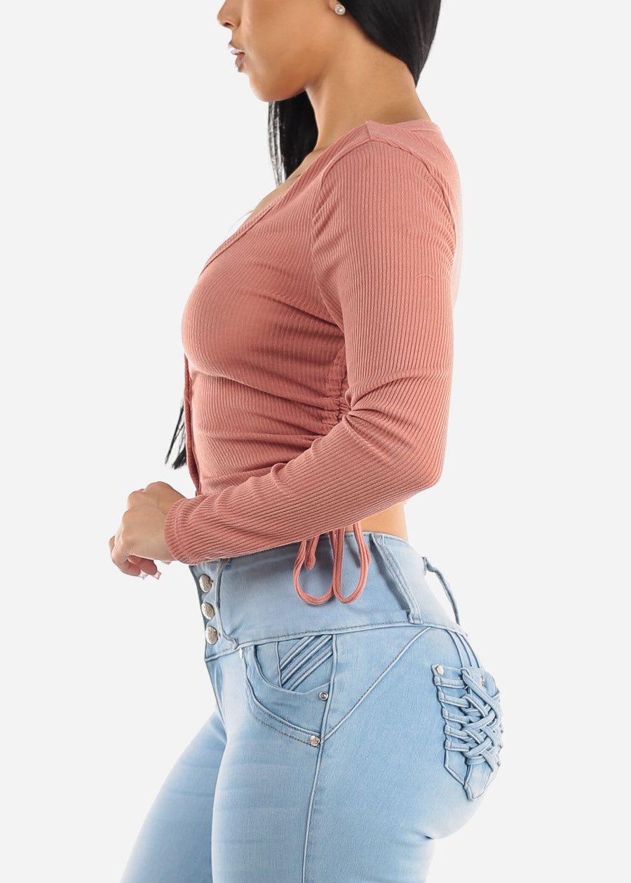 Long Sleeve Ruched Sides Button Up Crop Top Rose sold by Moda product image thumbnail 3