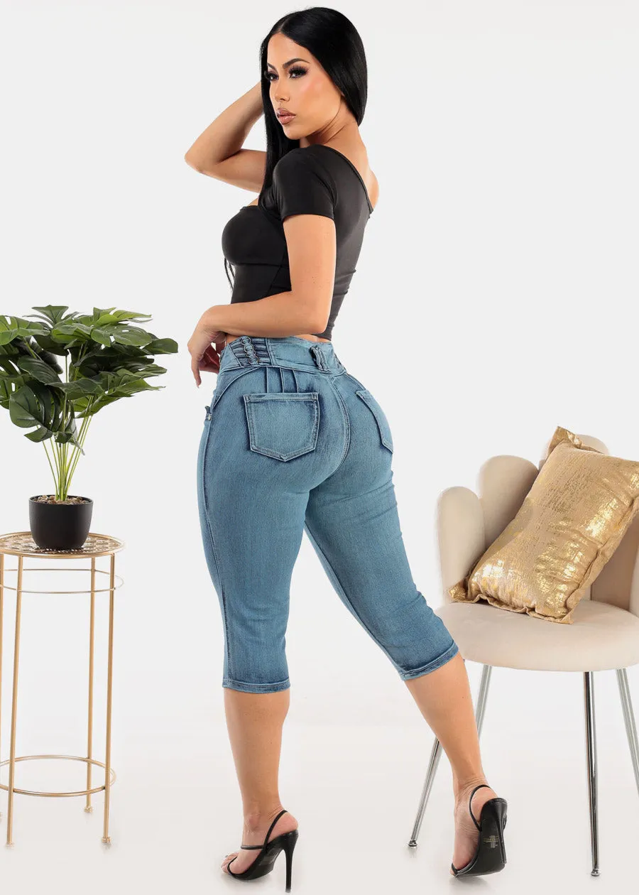 High Waisted Butt Lifting Blue Denim Capris sold by Moda product image thumbnail 5