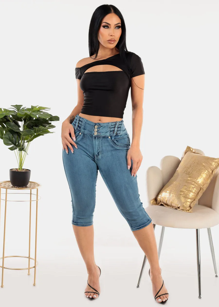 High Waisted Butt Lifting Blue Denim Capris sold by Moda product image thumbnail 2