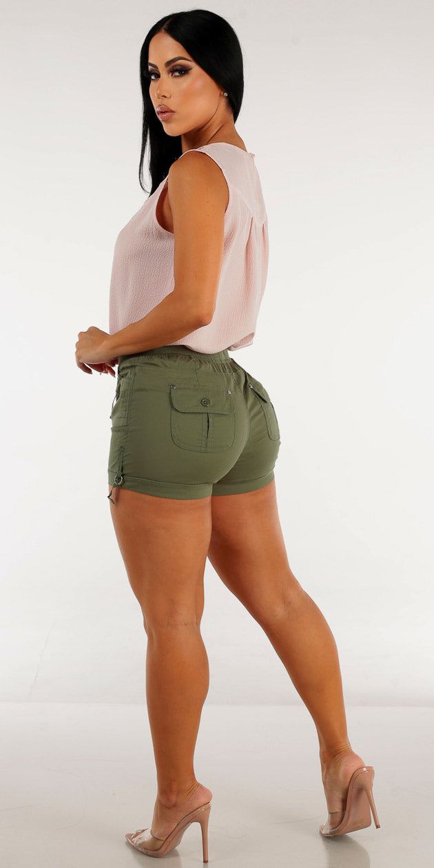 Drawstring Waist Olive Cargo Shorts with Sleeveless Light Pink Blouse sold by Moda product image thumbnail 2