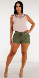 Drawstring Waist Olive Cargo Shorts with Sleeveless Light Pink Blouse sold by Moda