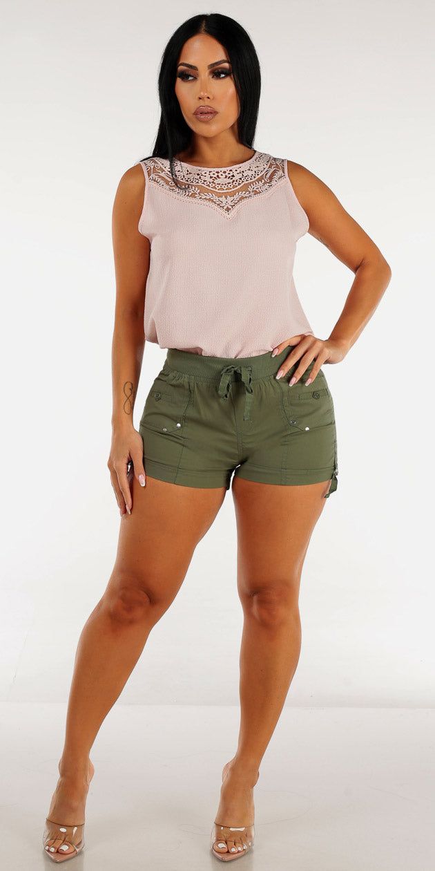 Drawstring Waist Olive Cargo Shorts with Sleeveless Light Pink Blouse sold by Moda