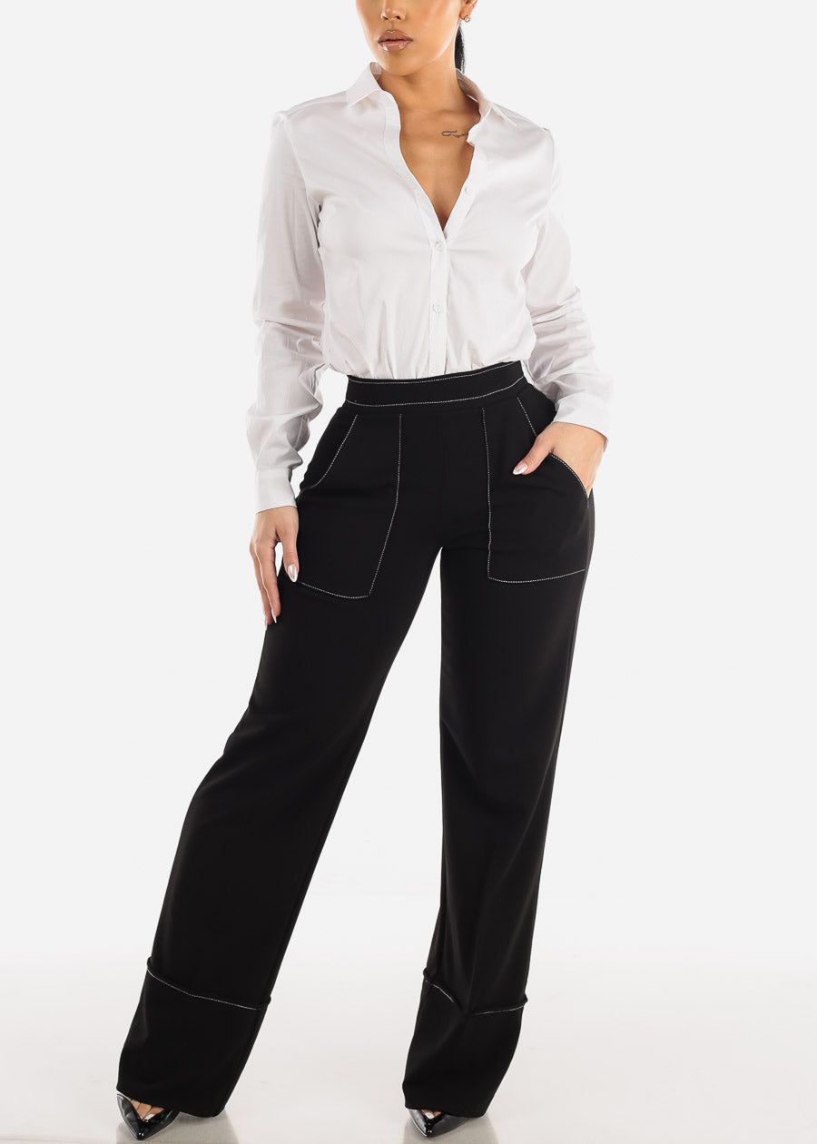 Black High Waist Wide Leg Formal Pants w Contrast Stitch sold by Moda product image thumbnail 2