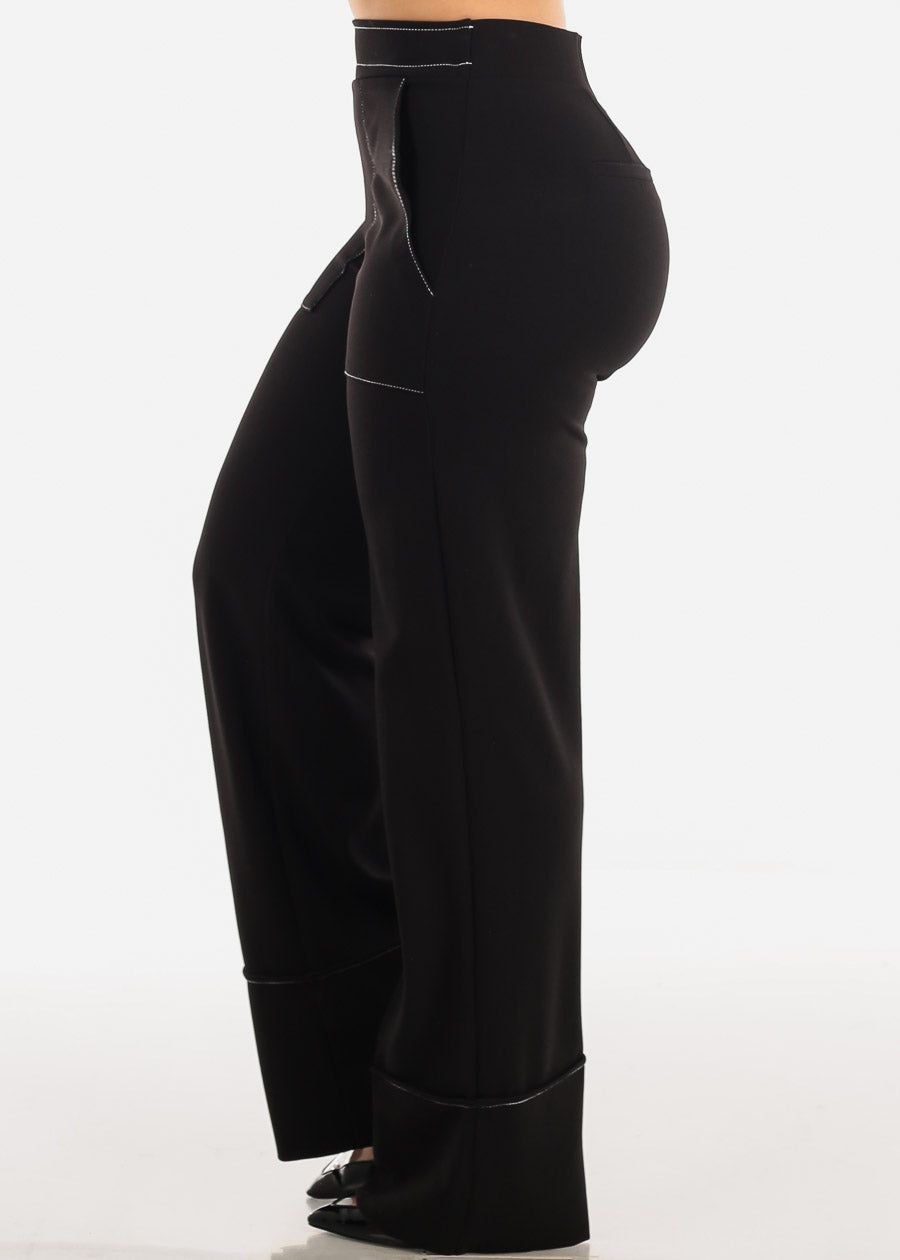 Black High Waist Wide Leg Formal Pants w Contrast Stitch sold by Moda product image thumbnail 3