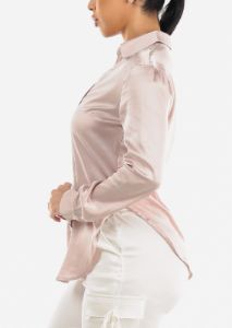 Satin Long Sleeve Button Down Collared Blouse Champagne sold by Moda