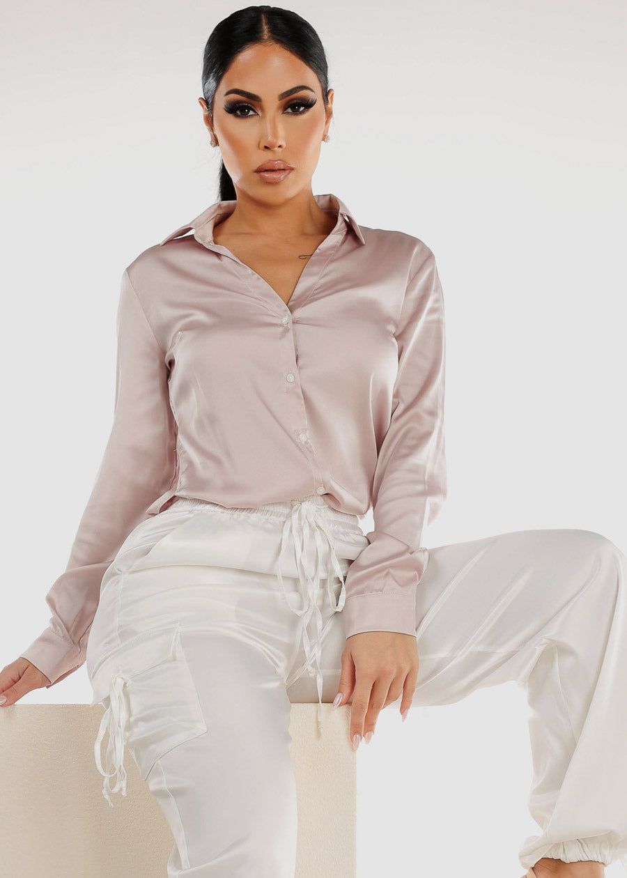 Satin Long Sleeve Button Down Collared Blouse Champagne sold by Moda
