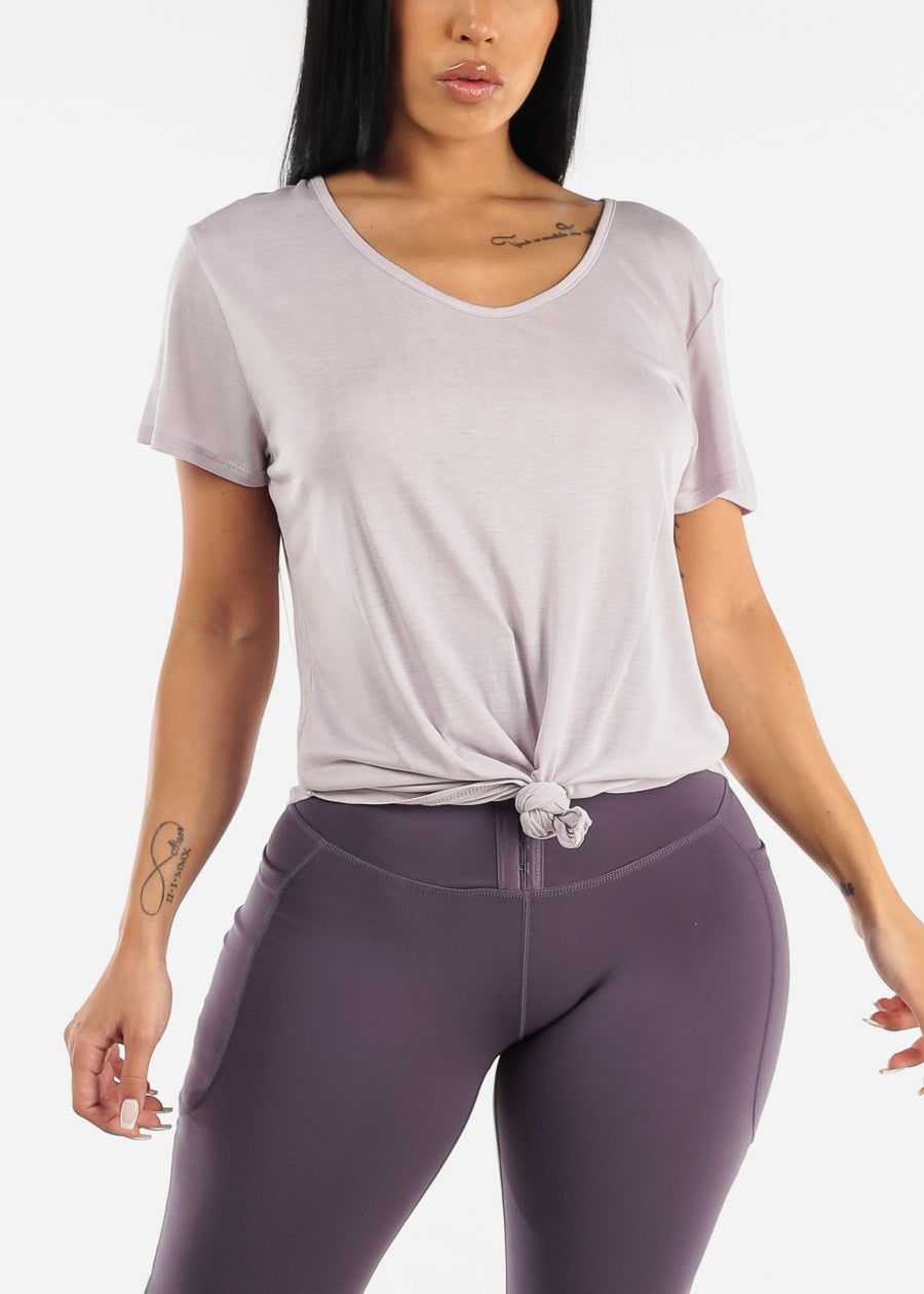 Activewear Short Sleeve Lilac Tunic Tee w Front Knot sold by Moda