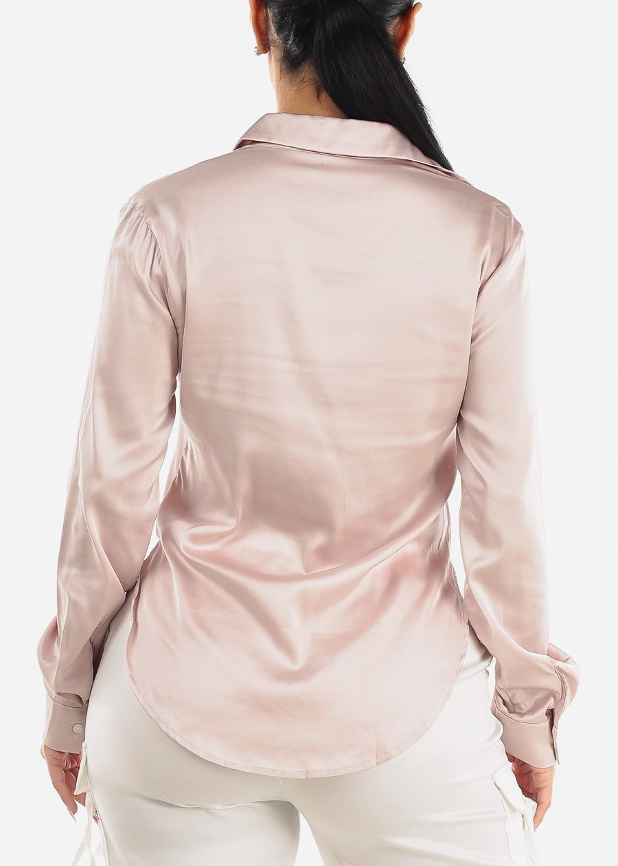 Satin Long Sleeve Button Down Collared Blouse Champagne sold by Moda product image thumbnail 5