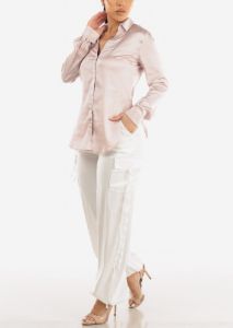 Satin Long Sleeve Button Down Collared Blouse Champagne sold by Moda