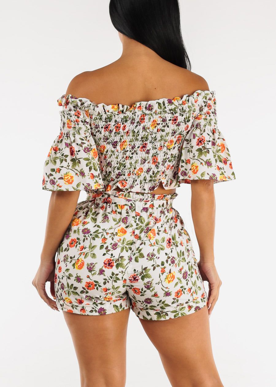 Smocked Off Shoulder Floral Crop Top & Shorts White (2 PCE SET) sold by Moda product image thumbnail 5