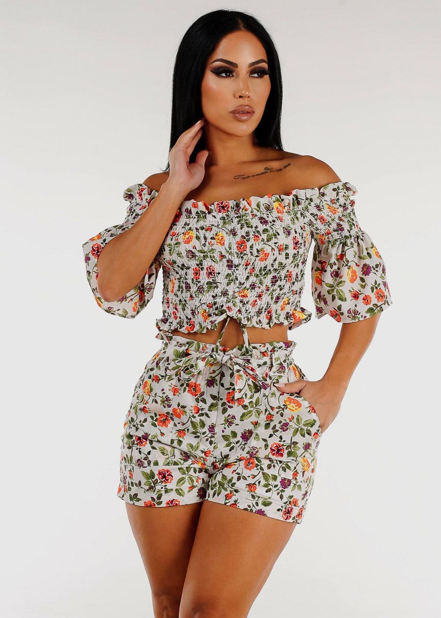 Smocked Off Shoulder Floral Crop Top & Shorts White (2 PCE SET) sold by Moda product image thumbnail 3