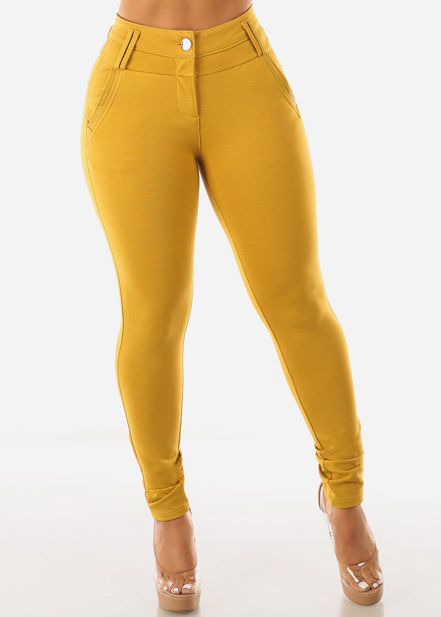 High Waisted Mustard Dressy Skinny Pants sold by Moda