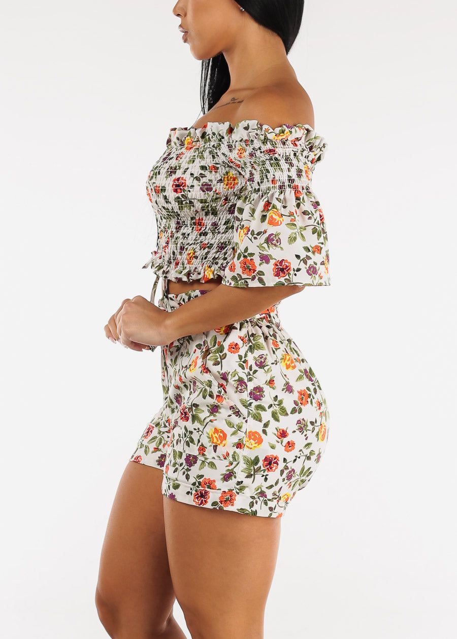 Smocked Off Shoulder Floral Crop Top & Shorts White (2 PCE SET) sold by Moda product image thumbnail 4