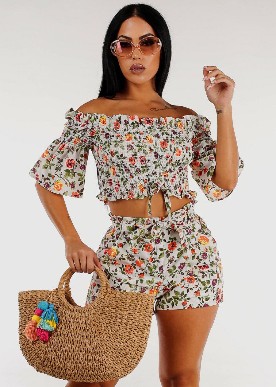 Smocked Off Shoulder Floral Crop Top & Shorts White (2 PCE SET) sold by Moda