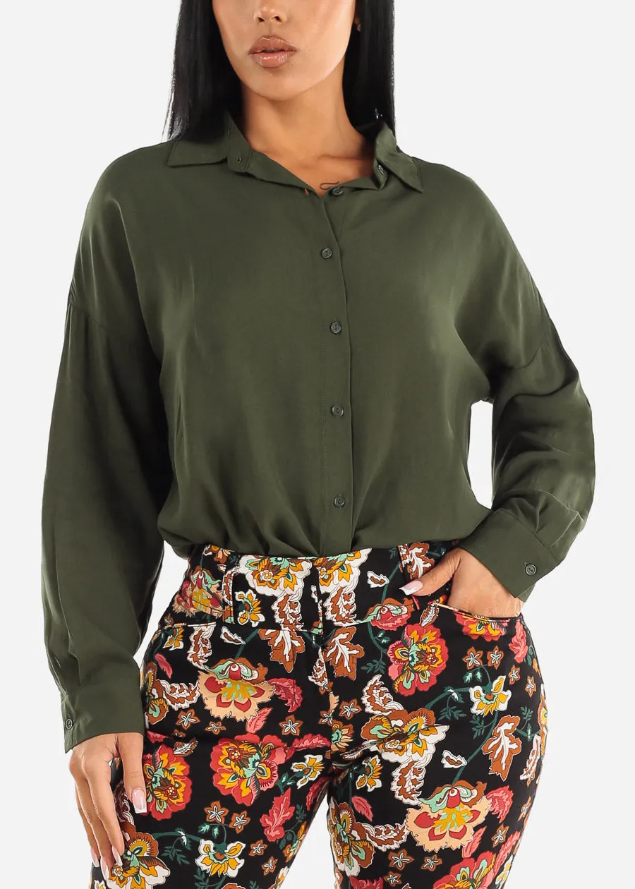 Oversized Long Sleeve Button Down Shirt Green sold by Moda