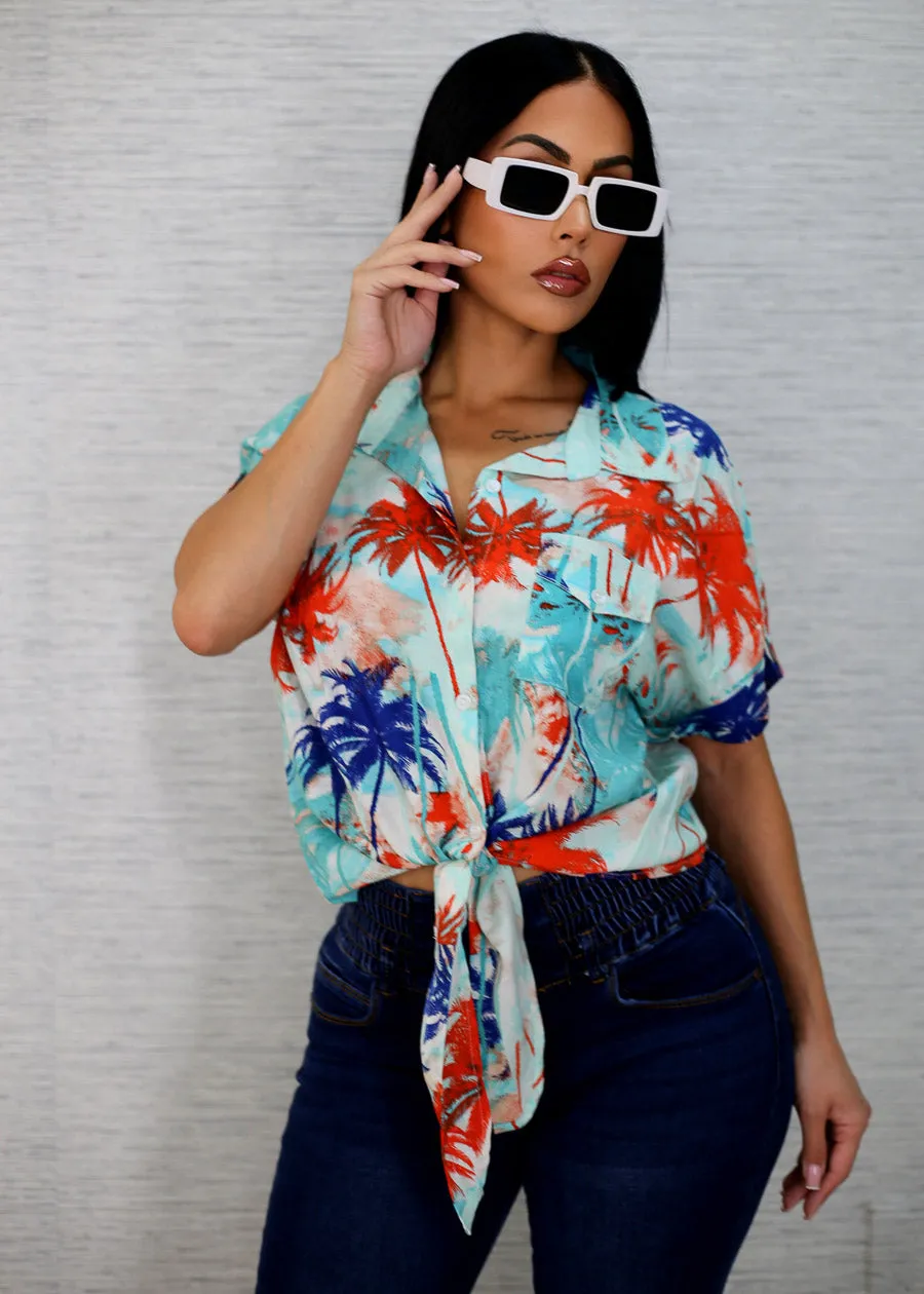 Tropical Front Tie Short Sleeve Shirt sold by Moda