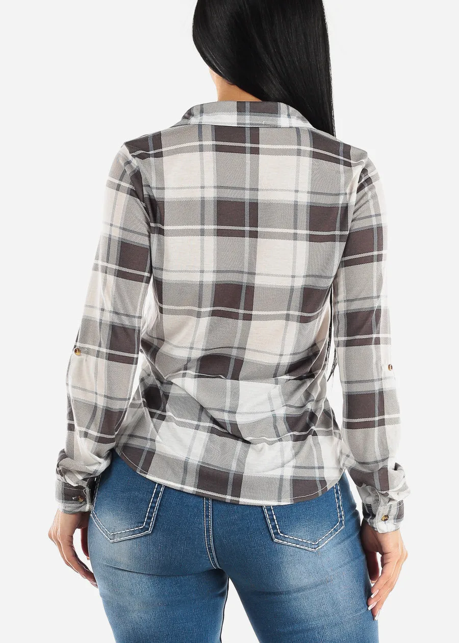 Long Sleeve Button Up Plaid Shirt Ivory & Light Black sold by Moda product image thumbnail 4