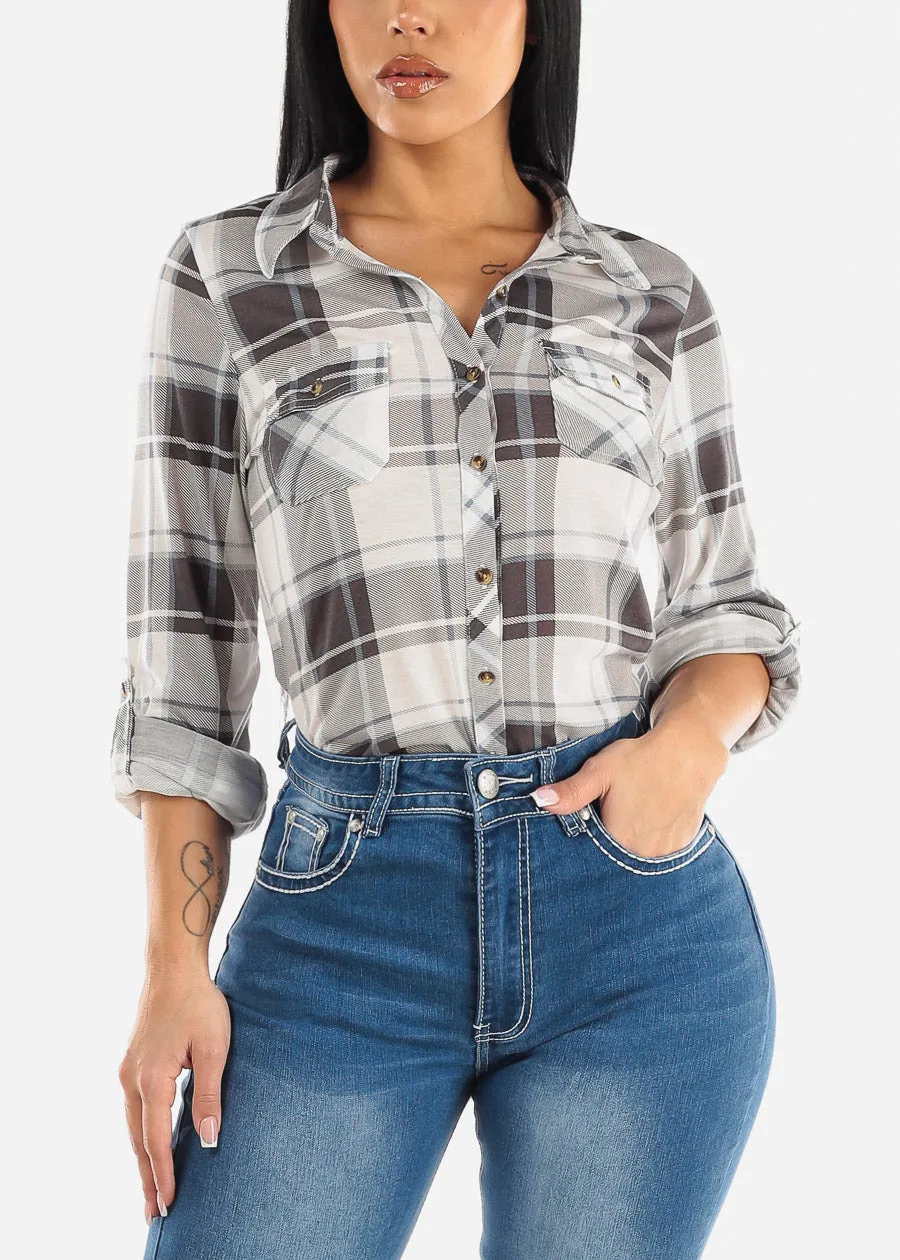 Long Sleeve Button Up Plaid Shirt Ivory & Light Black sold by Moda