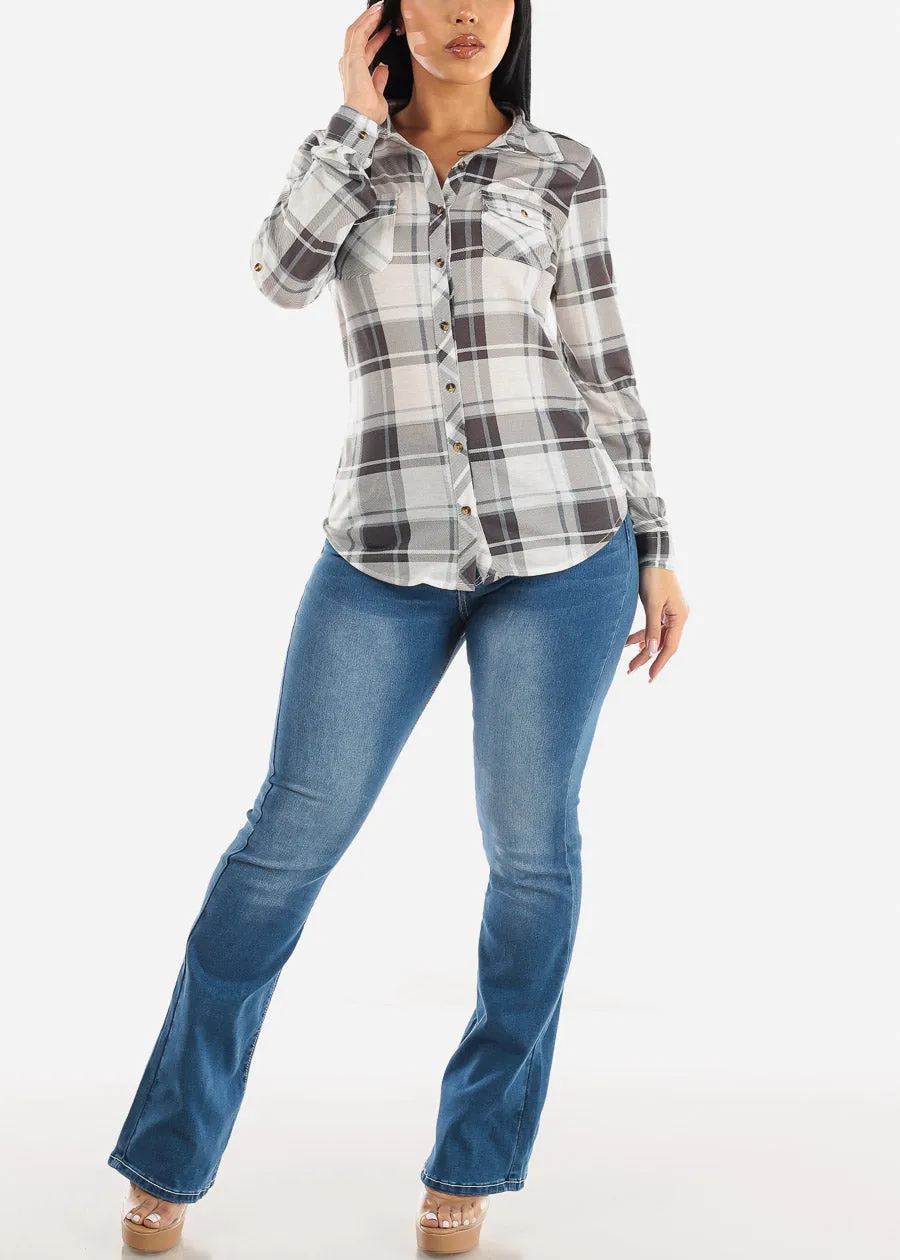 Long Sleeve Button Up Plaid Shirt Ivory & Light Black sold by Moda product image thumbnail 2
