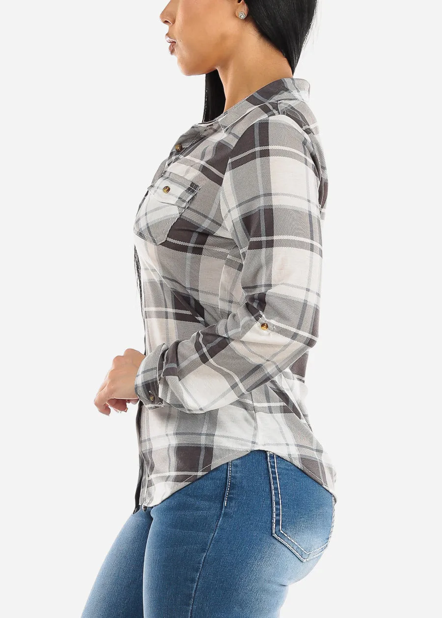 Long Sleeve Button Up Plaid Shirt Ivory & Light Black sold by Moda product image thumbnail 3