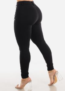 Black Mid Rise Skinny Pants w Zipper Detail sold by Moda