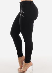 Black Mid Rise Skinny Pants w Zipper Detail sold by Moda