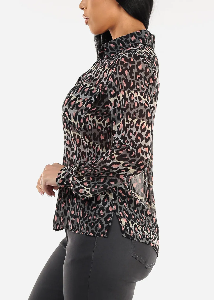 Chiffon Long Sleeve Animal Print Collared Blouse Grey sold by Moda product image thumbnail 3