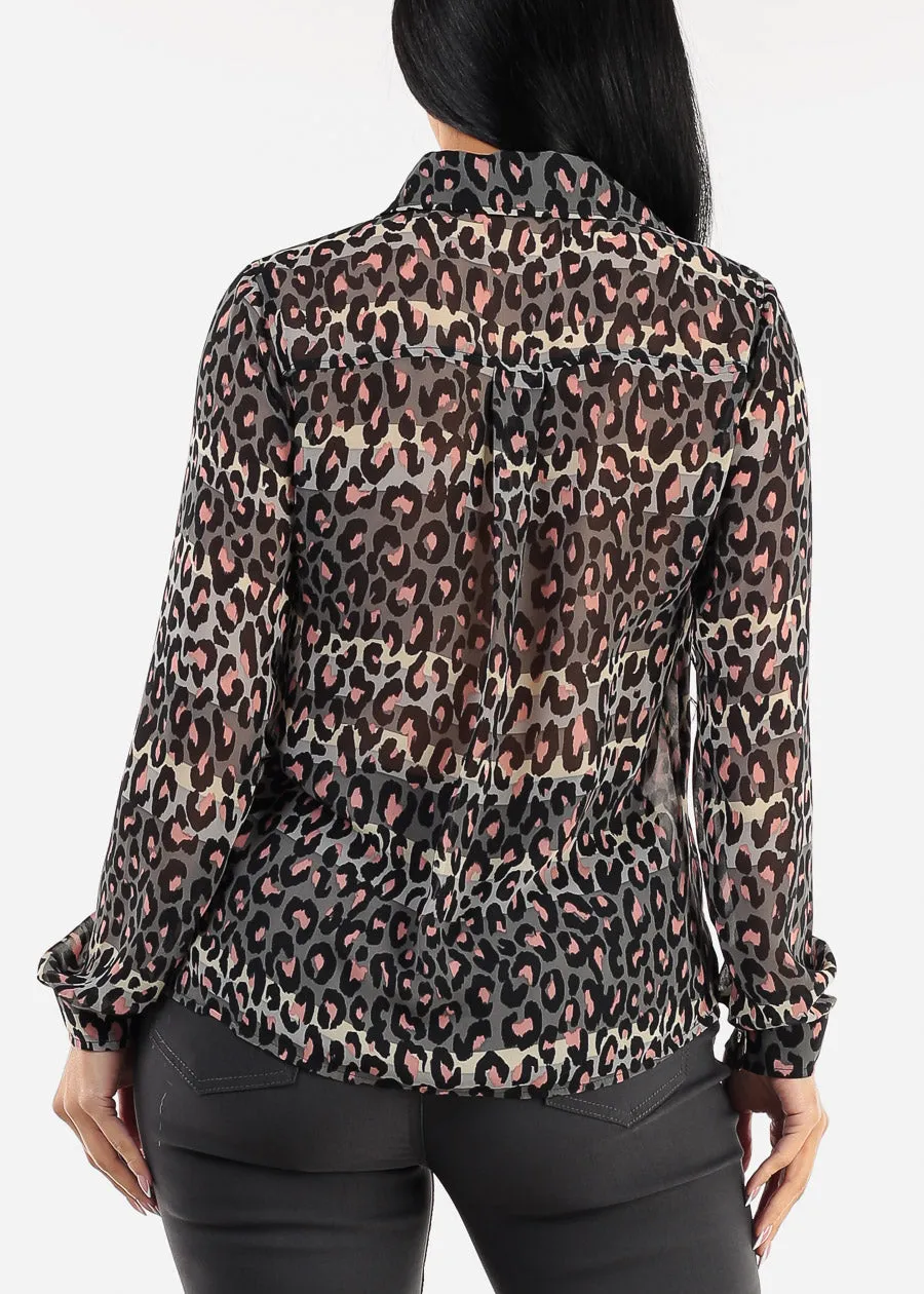 Chiffon Long Sleeve Animal Print Collared Blouse Grey sold by Moda product image thumbnail 4