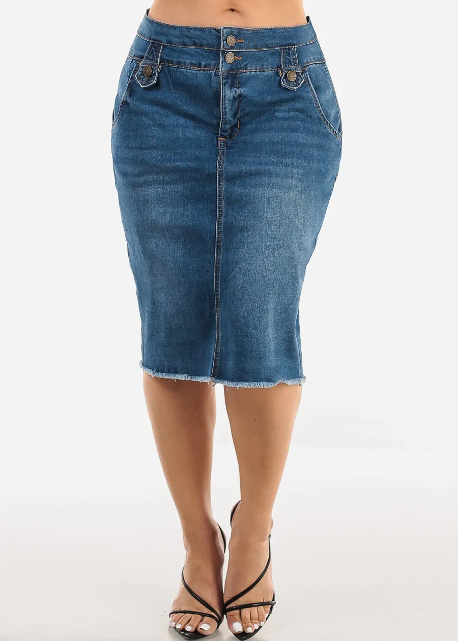Butt Lifting Denim Fringe Hem Pencil Skirt Med Blue sold by Moda product image thumbnail 3