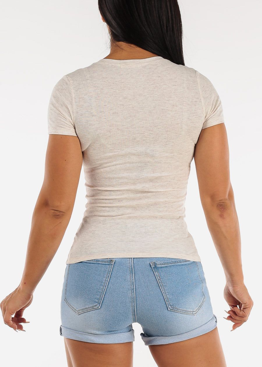 Button Up Neckline Rib Knit Top Oatmeal sold by Moda product image thumbnail 4