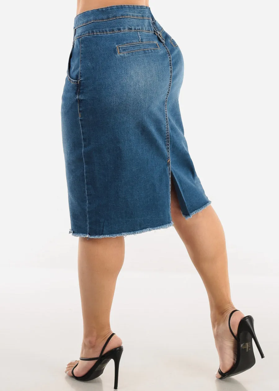 Butt Lifting Denim Fringe Hem Pencil Skirt Med Blue sold by Moda