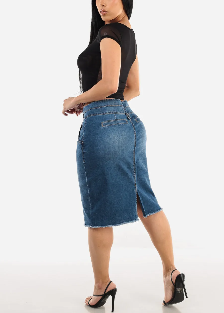 Butt Lifting Denim Fringe Hem Pencil Skirt Med Blue sold by Moda product image thumbnail 5