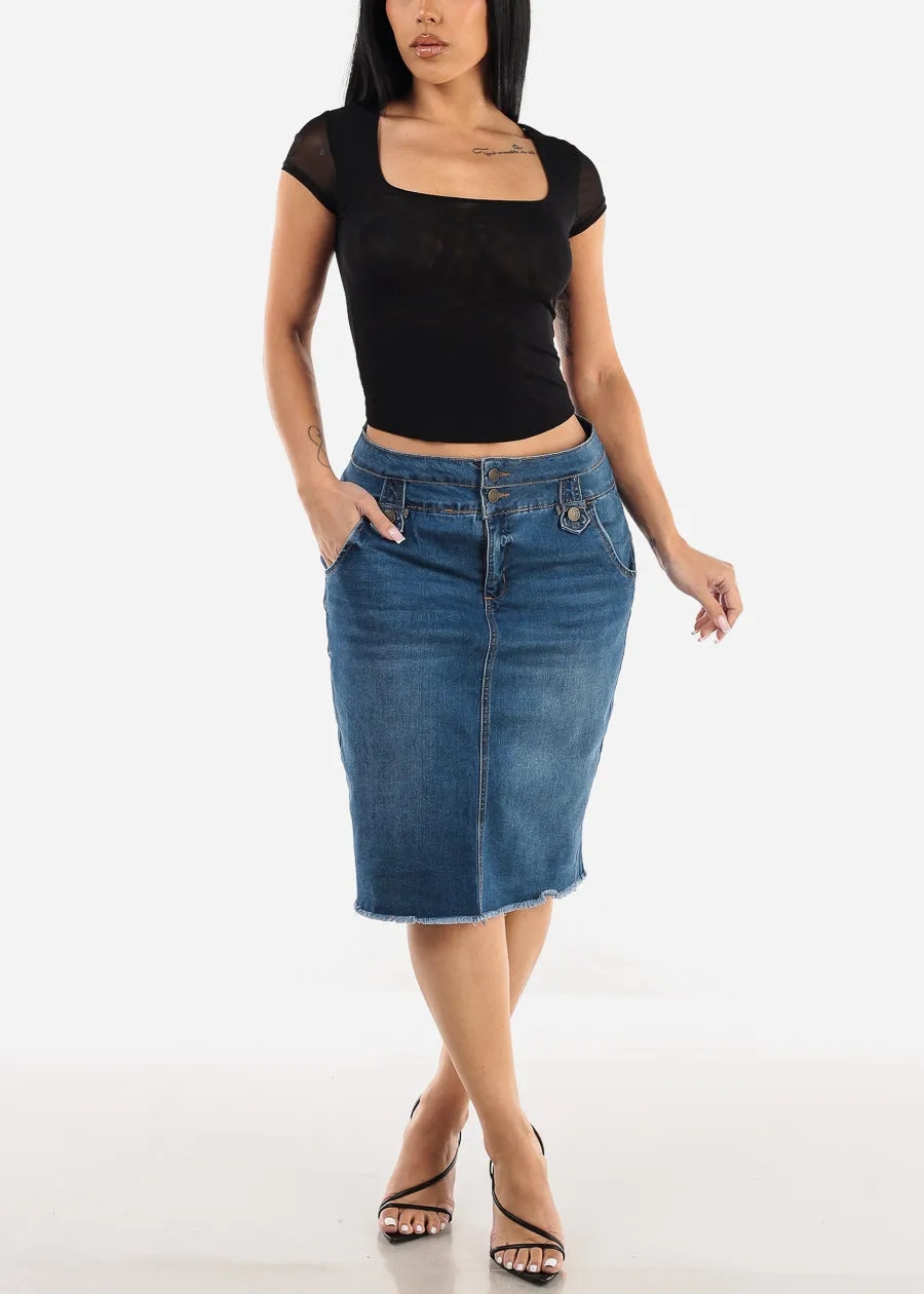 Butt Lifting Denim Fringe Hem Pencil Skirt Med Blue sold by Moda product image thumbnail 2