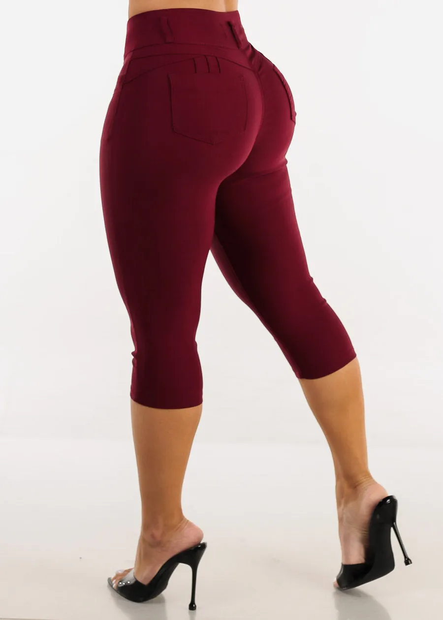 MX JEANS High Waist Hyper Stretchy Butt Lifting Capris Burgundy sold by Moda