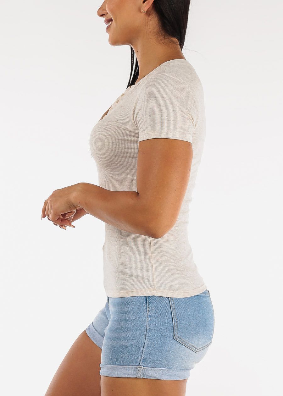 Button Up Neckline Rib Knit Top Oatmeal sold by Moda product image thumbnail 3