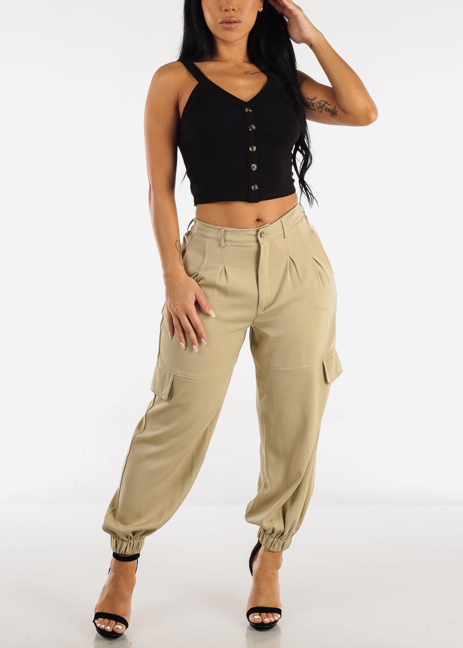 Black Ribbed Sleeveless Crop Top with Buttons sold by Moda product image thumbnail 4