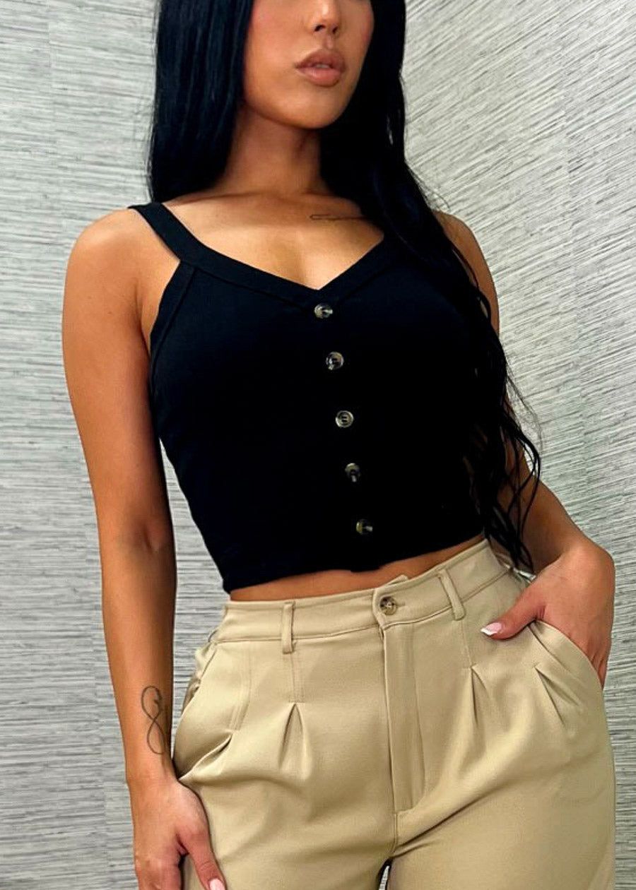 Black Ribbed Sleeveless Crop Top with Buttons sold by Moda